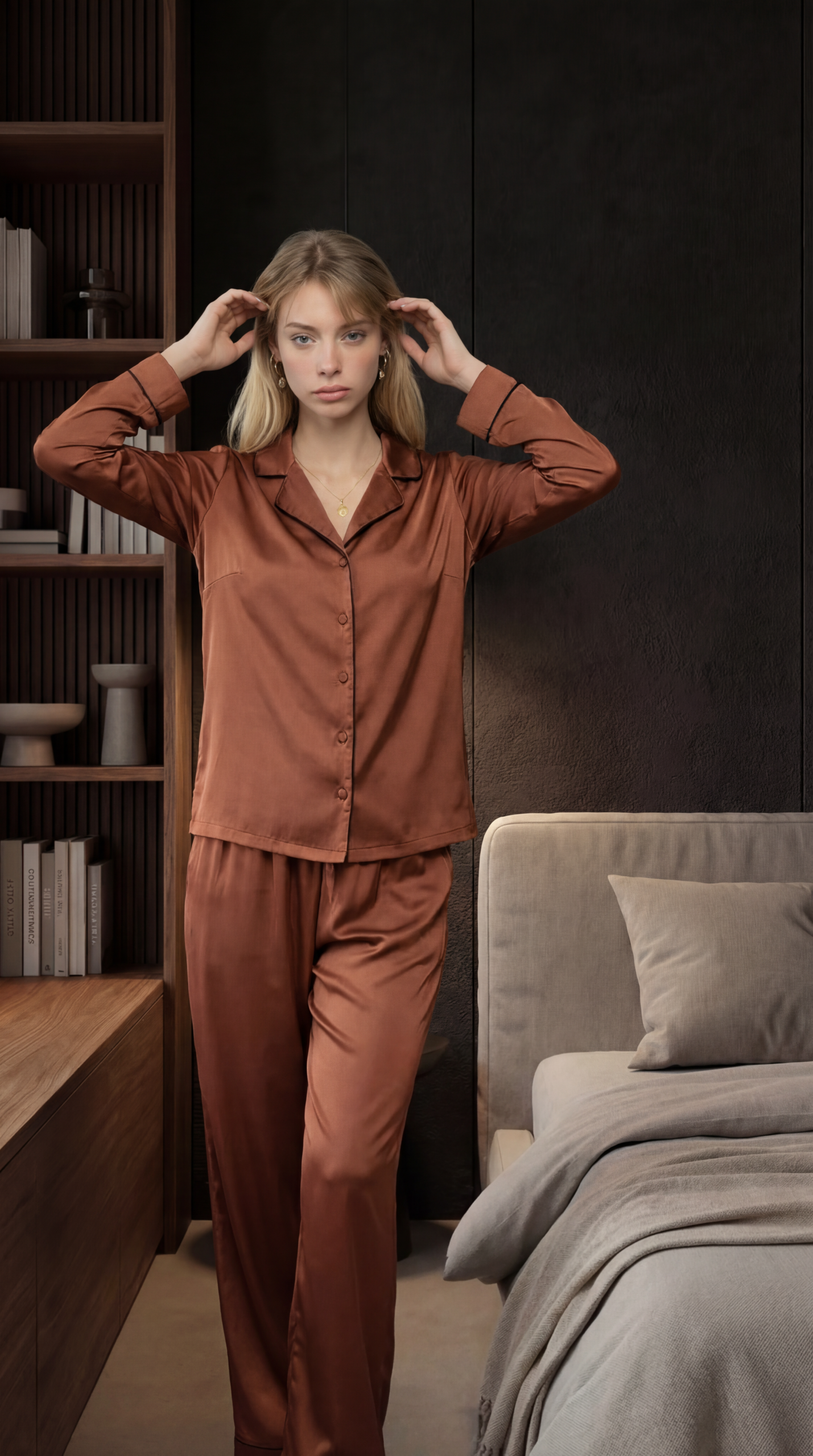 ANDRESSA P9072 PIJAMA MANGA LARGA ABOTONADO DE RASO CON VIVOS - Imagen 2